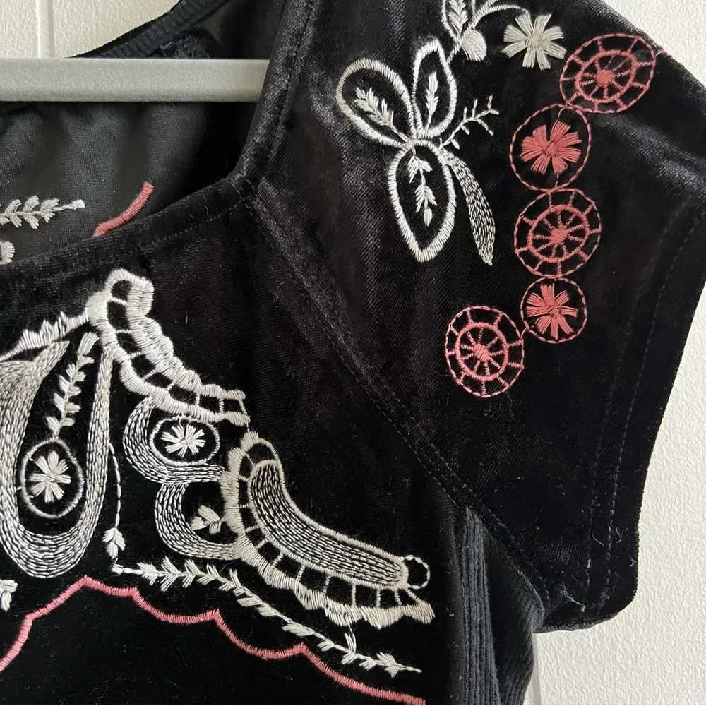 Free People Party Train Top Black Velvet Embroidered Floral Stretch